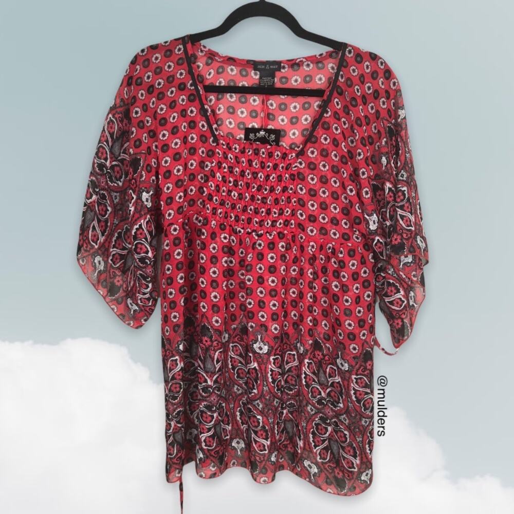 New with Tags Sam & Max Red Floral Mixed Media Print Sheer Coverup Top Small
